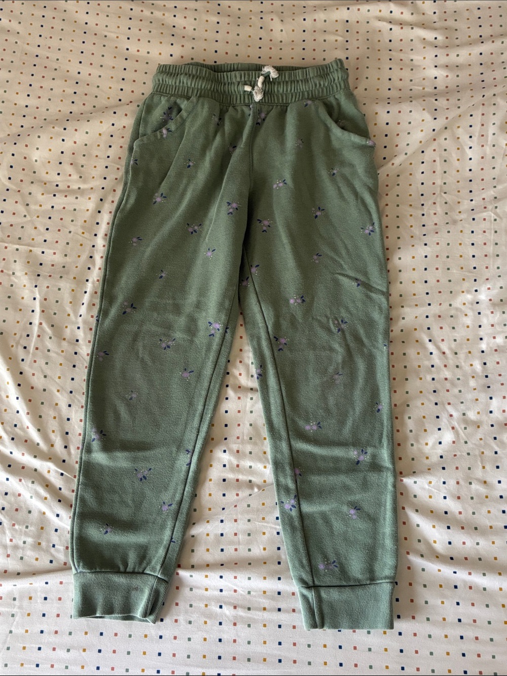 Cat & Jack Olive Green Jogger Pants with Purple Floral Accents